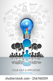Infographic Layout for Brainstorming Concept background with graphs sketches. A lot of hand drawn infographics and related design elements are included plus 3D glossy lamp.