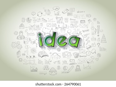 Infographic Layout for Brainstorming Concept background with graphs sketches. A lot of hand drawn infographics and related design elements are included plus 3D glossy lamp.