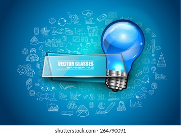 Diseño infográfico para el fondo de concepto de lluvia de ideas con dibujos gráficos. Se incluyen muchas infografías dibujadas a mano y elementos de diseño relacionados más lámpara brillante 3D.