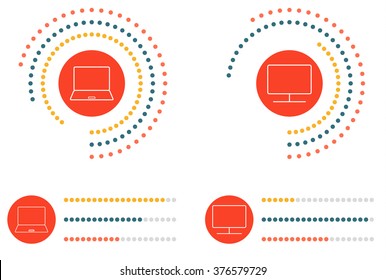 Infographic layout for pie graph for notebook and pc computer, and line graph for both made of small colorful dots