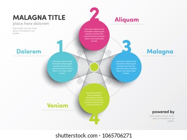 An infographic layout representing flower with 4 leaf - options joined with big numbers. Bright business graphic.
