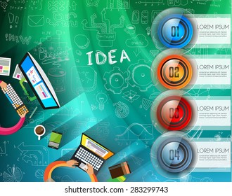 Infographic layout template with 4 choices and flat style desk icons. People or teamwork over a desk full of laptops,computers, phones, documents, coffe mug with a hand drawn conceptual background.