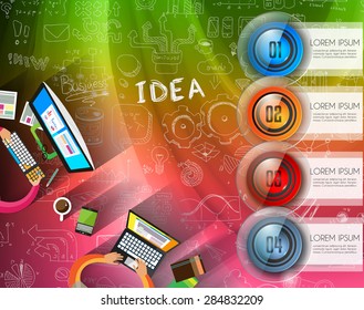Infographic layout template with 4 choices and flat style desk icons. People or teamwork over a desk full of laptops,computers, phones, documents, coffe mug with a hand drawn conceptual background.