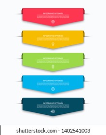 Infographic layout template with 5 arrows, labels, tags. Origami style. Can be used for diagram, options, chart, report, web design