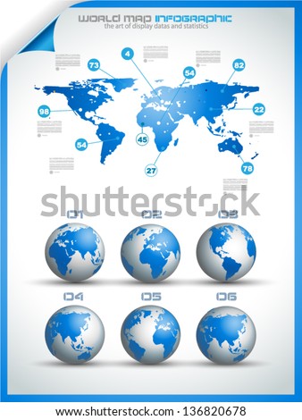 Infographic layout template with world maps. Ideal for global statistics and for every kind of data visualization. Delicate shadows and high costrast colours.