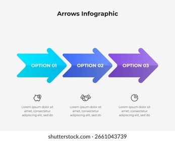 Infographic layout with three connected arrows showcasing process steps. Includes visually appealing layout and text space for descriptions, ideal for business or presentation purposes