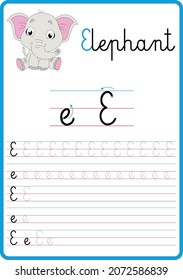Infographic for learning to write the letters of the alphabet, the letter e.
