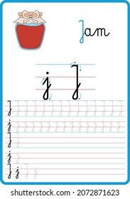 Infographic for learning to write the letters of the alphabet, the letter j