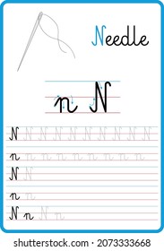 Infographic for learning to write the letters of the alphabet, the letter n