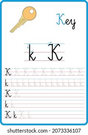 Infographic for learning to write the letters of the alphabet, the letter k