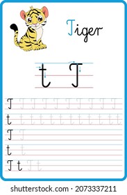 Infographic for learning to write the letters of the alphabet, the letter t