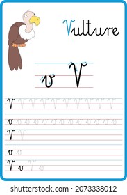 Infographic for learning to write the letters of the alphabet, the letter v