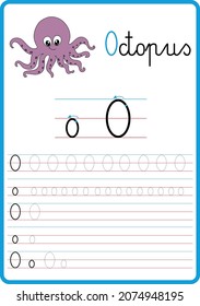 Infographic for learning to write the letters of the alphabet, the letter o