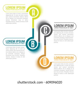 Línea infográfica con etiquetas ABCD y lugar para texto. Diseño de vectores con cuatro pasos.