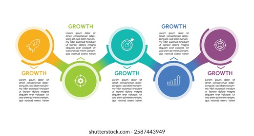 Infographic line curve. Timeline 5 Key Points. Business Presentation, Report, Marketing, Timeline and Planning. Vector Illustration