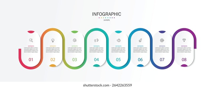 Infographic line curve. Timeline 8 Key Points. Business Presentation , Report, Marketing, Timeline and Planning. Vector Illustration.