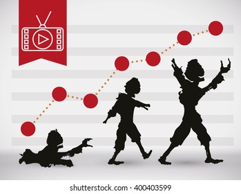 Infographic in line graphs style with ascending trends for zombies in media and television.