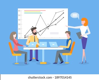 Infographic with lines and dots vector. Whiteboard screen and information on sheet, presenter orator talking to audience, woman with increasing chart