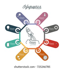 infographic link with rocket in center and icons around vector illustration