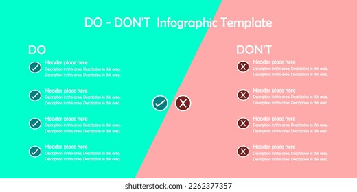 Infographic, List of Do vs Don't. Checked and cross symbol. Green vs red sign.