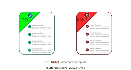 Infographic, List of Do vs Don't on white background. Checked and cross symbol. Green vs red sign.