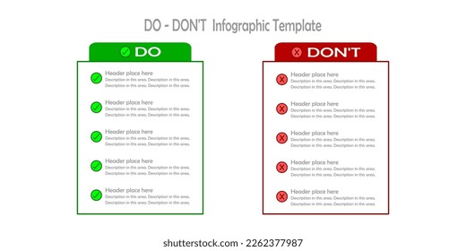 Infographic, List of Do vs Don't on white background. Checked and cross symbol. Green vs red sign.