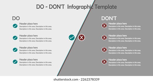 Infographic, List of Do vs Don't on grey tone background. Checked and cross symbol. Green vs red sign.