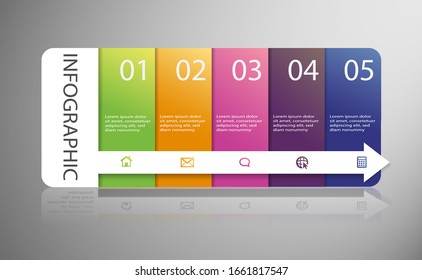 Infographic List Template Element With 5 Points And Icons. Use For Describing Or Showing Workflow, Task, Timeline, Process, Information On Slide Presentation, Poster, Brochure, Banner, Etc.