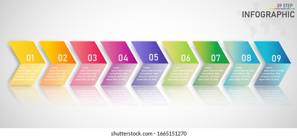infographic list template element with 9 points and icons. use for describing or showing workflow, task, timeline, process, information on slide presentation, poster, brochure, banner, etc.