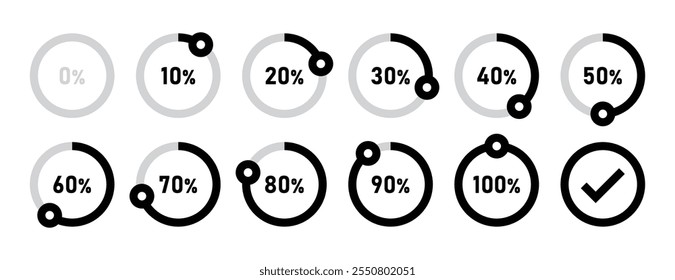 Círculos de carregamento infográfico e círculos de progresso definidos com 0 a 100 por cento na cor preta. Conjunto de diagramas de porcentagem de círculo para infográficos 0 10 20 30 40 50 60 70 80 90 100 por cento. Ícone de vetor