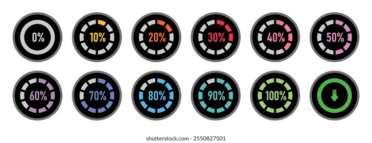 Círculos de carregamento infográfico e círculos de progresso definidos com 0 a 100 indicador de progresso em estilo colorido. Conjunto de diagramas de porcentagem de círculo para infográficos 0 10 20 30 40 50 60 70 80 90 100 por cento.