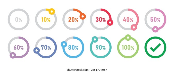 Círculos de carregamento infográfico e círculos de progresso definidos com 0 a 100 indicador de progresso em estilo colorido. Conjunto de diagramas de porcentagem de círculo para infográficos 0 10 20 30 40 50 60 70 80 90 100 por cento.