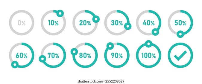 Círculos de carga de infografía y círculos de progreso establecidos con 0 a 100 por ciento en color cian.  Conjunto de diagramas porcentuales de círculos para infografías 0 10 20 30 40 50 60 70 80 90 100 por ciento. Icono de Vector