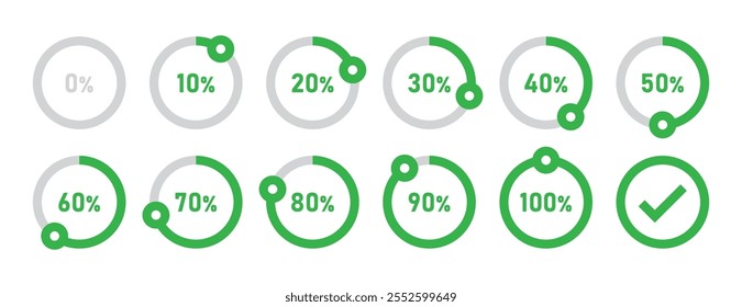 Círculos de carregamento infográfico e círculos de progresso definidos com 0 a 100 por cento na cor verde. Conjunto de diagramas de porcentagem de círculo para infográficos 0 10 20 30 40 50 60 70 80 90 100 por cento. Ícone de vetor