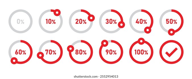 Círculos de carregamento infográfico e círculos de progresso definidos com 0 a 100 por cento na cor vermelha. Conjunto de diagramas de porcentagem de círculo para infográficos 0 10 20 30 40 50 60 70 80 90 100 por cento. Ícone de vetor