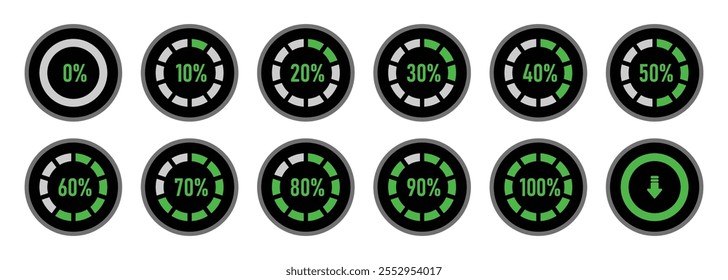 Círculos de carregamento infográfico e círculos de progresso definidos com 0 a 100 indicadores de progresso na cor verde. Conjunto de diagramas de porcentagem de círculo para infográficos 0 10 20 30 40 50 60 70 80 90 100 por cento.