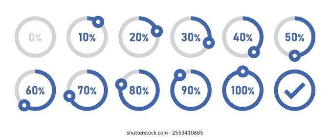 Infographic loading circles and progress circles set with 0 to 100 percent in blue color. Set of circle percentage diagrams for infographics 0 10 20 30 40 50 60 70 80 90 100 percent. Vector icon