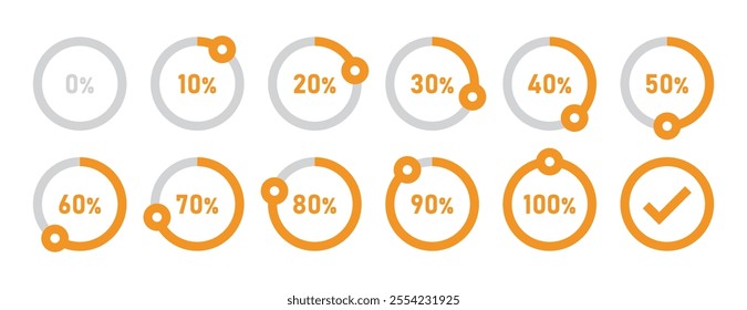 Infographic loading circles and progress circles set with 0 to 100 percent in orange color. Set of circle percentage diagrams for infographics 0 10 20 30 40 50 60 70 80 90 100 percent. Vector icon