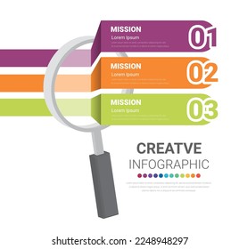 Infographic With Magnifying Glass for Global Business And Financial, element with 3 steps, options, parts, processes. Colorful vector template for presentation and training.