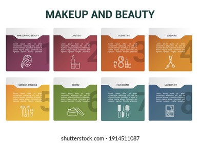 Infographic Makeup And Beauty template. Icons in different colors. Include Makeup And Beauty, Lipstick, Cosmetics, Scissors and others.