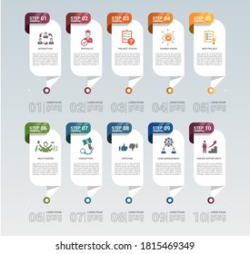 Infographic Management template. Icons in different colors. Include Lead Management, Criticism, Specialist, Interaction and others.