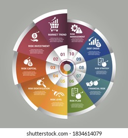 Infographic Management template. Icons in different colors. Include Market Trend, Investment, Risk Capital, Identification and others.