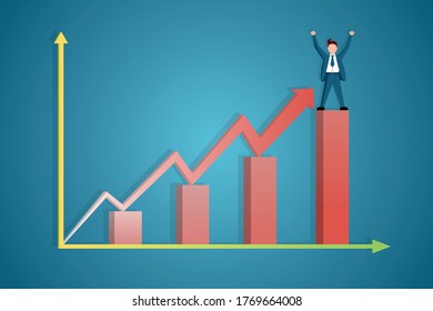 Infographic of the Manager's success rate in the form of a chart. The Manager stands at the peak of the chart with his hands raised in happiness.
