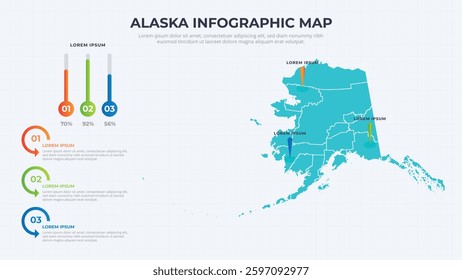Infographic Map of Alaska. Alaska country map infographic colored vector template with regions and pointer marks.