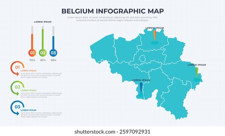 Infographic Map of Belgium. Belgium country map infographic colored vector template with regions and pointer marks.