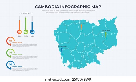 Infographic Map of Cambodia. Cambodia country map infographic colored vector template with regions and pointer marks.