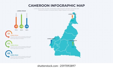 Infographic Map of Cameroon. Cameroon country map infographic colored vector template with regions and pointer marks.