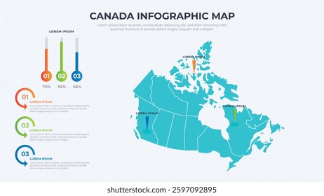 Infographic Map of Canada. Canada country map infographic colored vector template with regions and pointer marks.