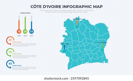 Infographic Map of Cote d'Ivoire. Cote d'Ivoire country map infographic colored vector template with regions and pointer marks.