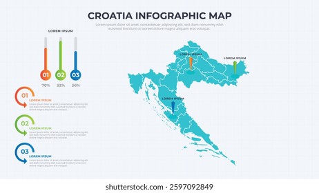 Infographic Map of Croatia. Croatia country map infographic colored vector template with regions and pointer marks.